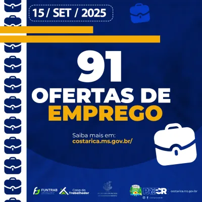 Imagem da notícia Vagas de emprego em Costa Rica: Casa do Trabalhador oferta 91 oportunidades no início da semana